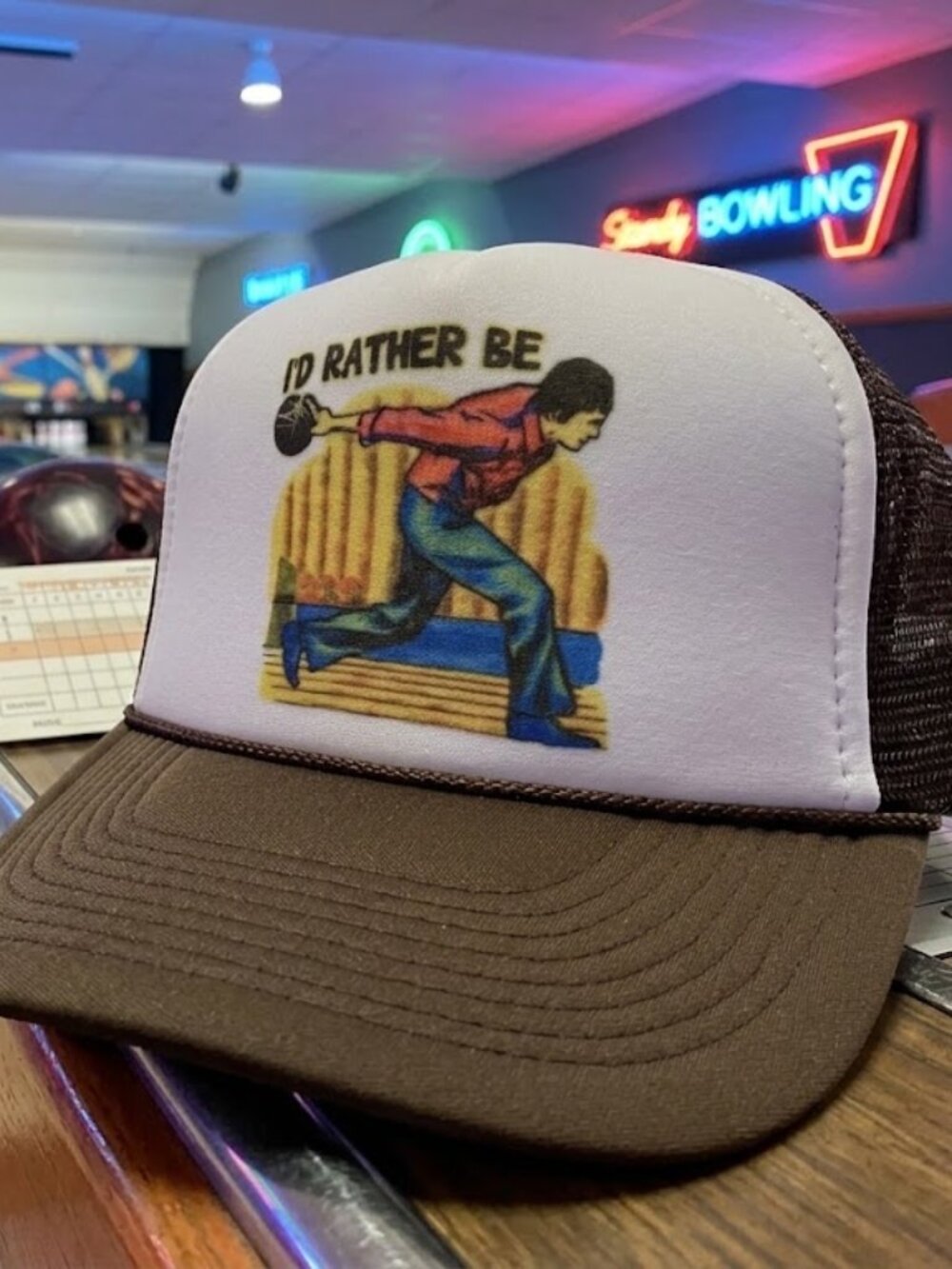 Retro Id Rather Be Bowling Hat Vintage Alley Brown White Foam Rope Snapback USA
